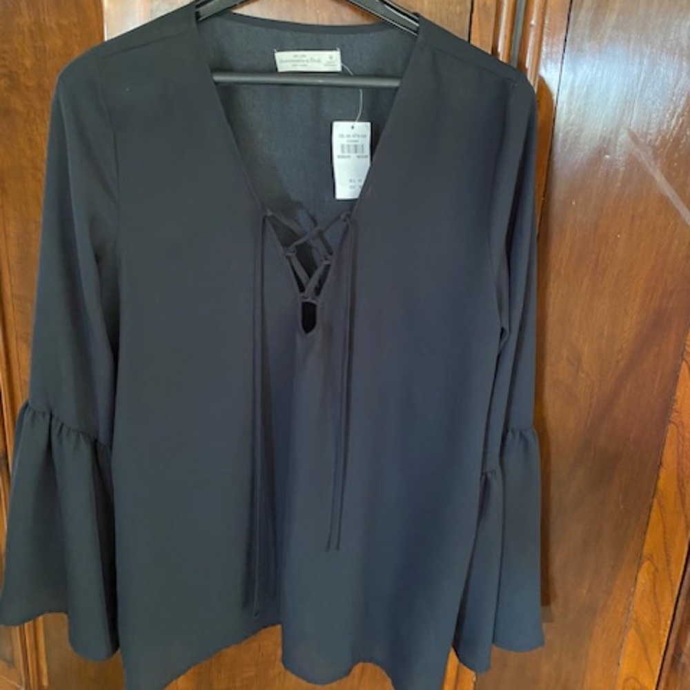 Abercrombie and Fitch Black blouse with lace-up neckline and bell sleeves